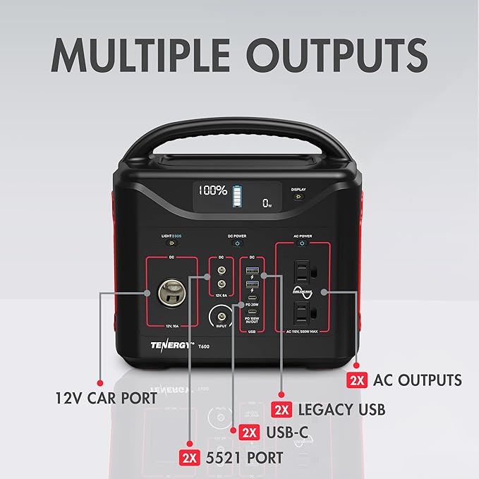Tenergy T600 Portable Power Station, 600Wh Battery, 3x 500W (Peak 1000W) AC Outlets, USB type C PD 100W, Solar Ready Mobile Power for Outdoors Camping Vans, RV, Emergency Backup