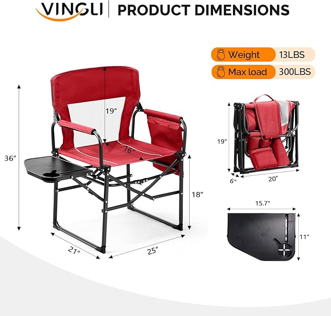 VINGLI Camping Chairs, Directors Chair, Camping Chair with Side Table & Carry Bag，Heavy Duty Camping Chairs for Adults, Portable Folding Camping Chair, Pocket for Beach, Fishing,Trip,Picnic,Lawn-Red