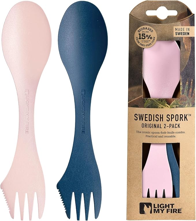 Light My Fire Spork Original 2-Pack 3-in-1 Camping Spoon Fork Knife Combo Reusable Travel & Camping Utensils Lunch Spork Outdoor Backpacking Hiking Picnic Utensil BPA Free, HazyBlue/DustyPink