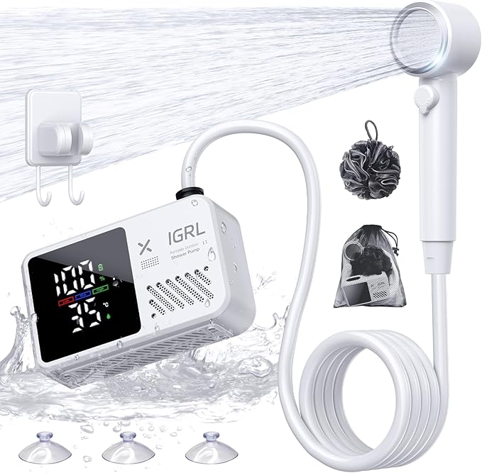 Portable Shower for Camping, Powerful 10L/Min Water Flow, Rechargeable Shower Pump with Bath Sponge, 4 Spray Modes, IPX8 Waterproof, 7800mAh Battery, Ideal for Hiking, Travel, Car Wash, Pet