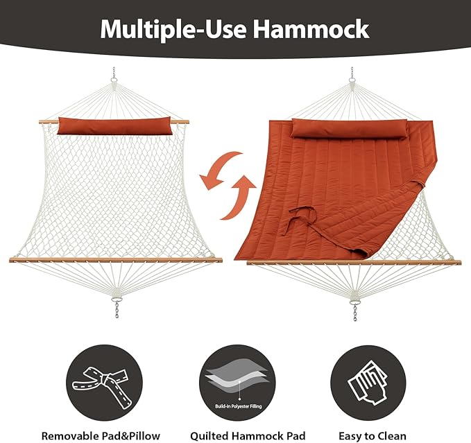 Outdoor Double Hammock with Hardwood Spreader Bars, Large Rope Hammock with Polyester Pad and Pillow, 475 LBS Capacity for 2 Person Patio Backyard Poolside - Terracotta