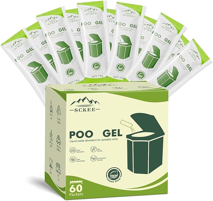 Sckee 60 Packets Poo Gel for Portable Toilet, Portable Toilet Powder Poo Urine Powder for Hiking, Car, Travel, Truck, RV, Boating, Road Trips, Outdoor Indoor Use