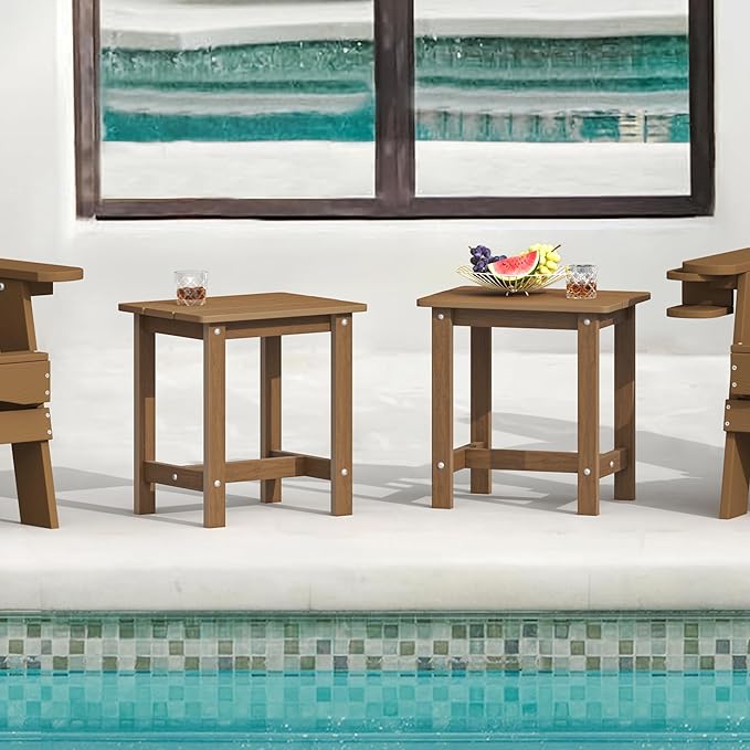 LUE BONA Outdoor Side Table Set of 2, HDPS Small Outdoor Table, Adirondack Side Table, Outside End Table for Patio, Porch, Deck, Pool, Weather Resistant/Easy Maintenance/Indoor or Outdoor Use, Brown
