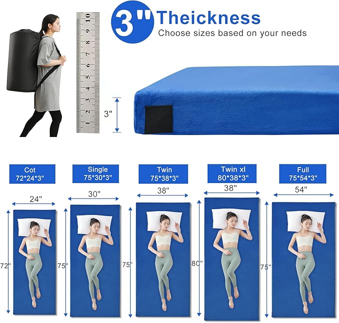 Memory Foam Camping Mattress pad, Comfortable Thick Floor Sleeping Mat for Adults with Waterproof and Non-Slip Bottom, Portable Roll Up Mattress for Sleepover Guest,Cot Mad for Car Camping