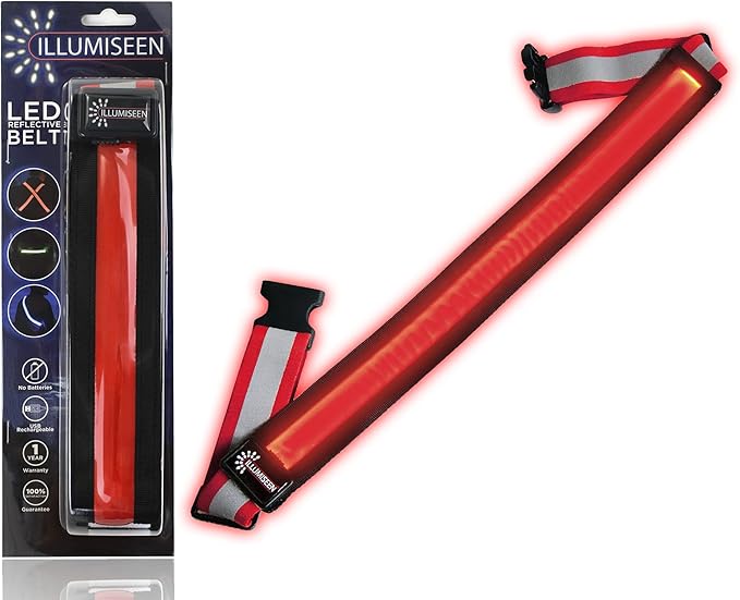 ILLUMISEEN LED Reflective Belt Sash | High Visibility LED Lights with 2 Lighting Modes | Adjustable Quick Release Buckle | USB Rechargeable, No Batteries Needed | Weatherproof Professional Safety Gear