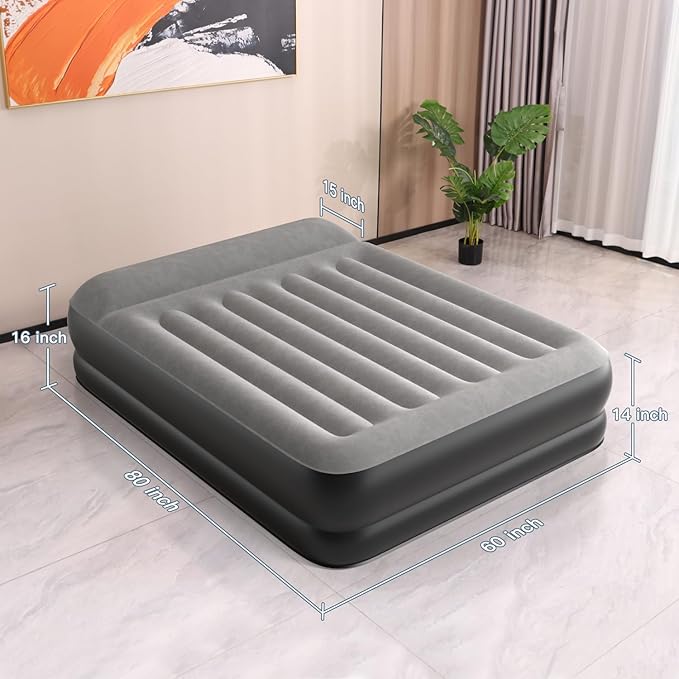 Queen Air Mattress Waterproof and Easy-to-Clean, Blow Up Mattress with Built-in Pump, Durable Inflatable Mattress with Pillow Design Suitable for Naps, Hosting a Friend and Camping
