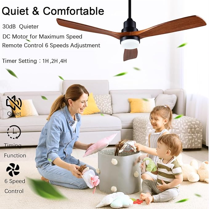 52" ceiling fans with light, solid wood ceiling fan with remote control and DC motor, LED dimming with memory function, 3 blades, suitable for living rooms, bedrooms, and dining rooms - black + walnut
