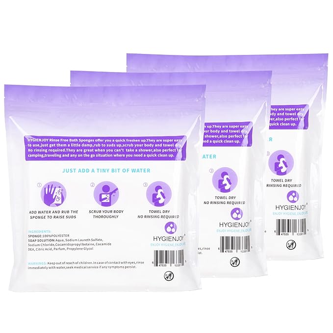 HYGIENJOY-Rinse Free Bath Sponges for Adults-Disposable No Rinse Bathing Wipes, Soap Infused,Extra Thick and Dry Shower Wipes for Elderly,Camping,Post Surgery Must Haves, (Lavender 3 Pack,75 Counts)