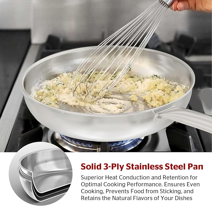Sunhouse 18/10 11 Inch Stainless Steel Frying Pan, Whole-Clad No Coatings Skillet with Stay-cool Handle for Cooking, Durable & Oven Safe to 500°F, Dishwasher Safe, Compatible with All Cooktops