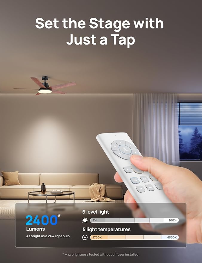 Dreo Ceiling Fans with Lights, 52 Inch, 6 Speeds, 5 Color Tones Dimmable LED, Quiet Reversible DC Motor, Remote, 8H Timer, Black Ceiling Fan for Bedroom, Living Room, Easy to Install