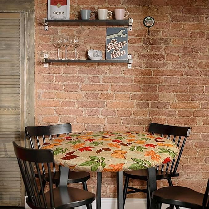 LAMINET Elastic Fitted Table Cover - All-Over Leaves - Small Round - Fits Tables up to 44 Diameter