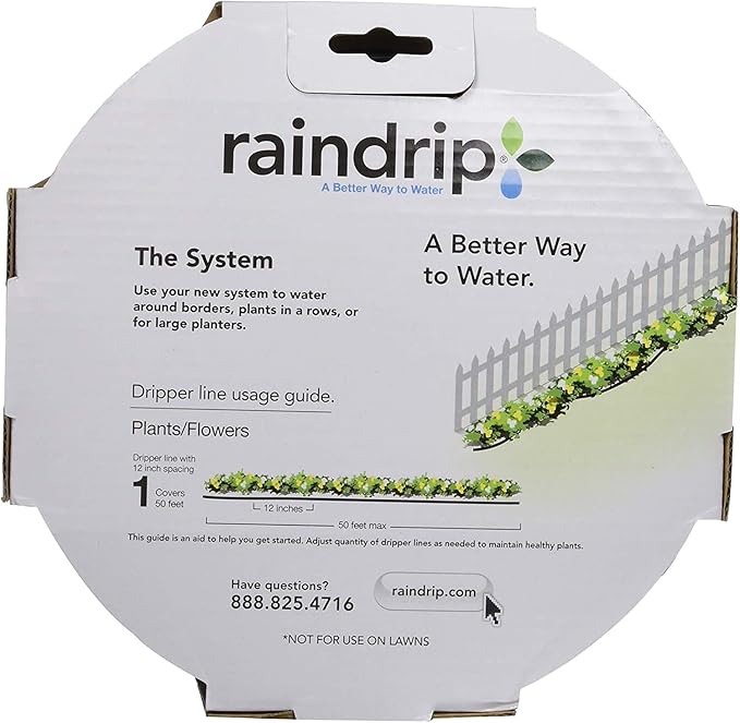 Raindrip R280DT Drip-A-Long™ 1/4 in. Dripline Kit includes 50 feet of 1/4-Inch Dripline preassembled with 1/2 GPH drippers, 5 Barbed Tees, 5 Barbed Elbows, 5 Barbed Couplings, 5 End Plugs