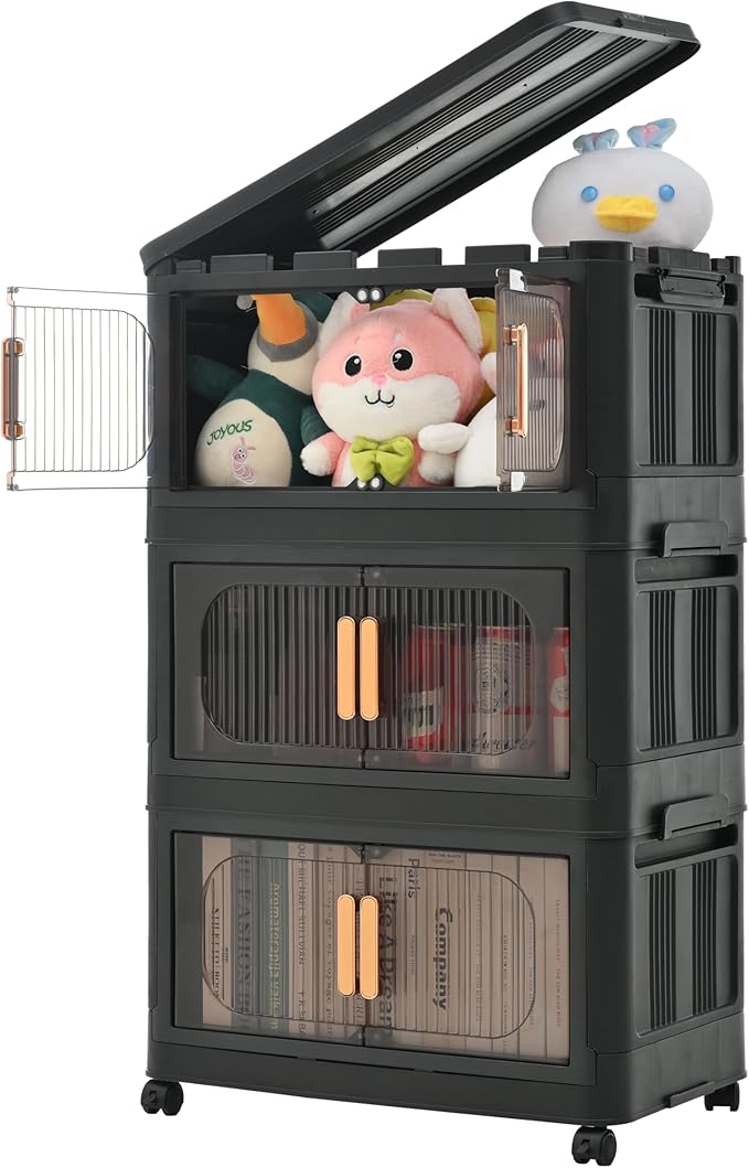 Holaki 117 QT Storage Bins with Lid, 3 Tier Collapsible Closet Organizers and Stackable Plastic Storage Bins Cabinet with Wheels and Magnetic Door (Black)