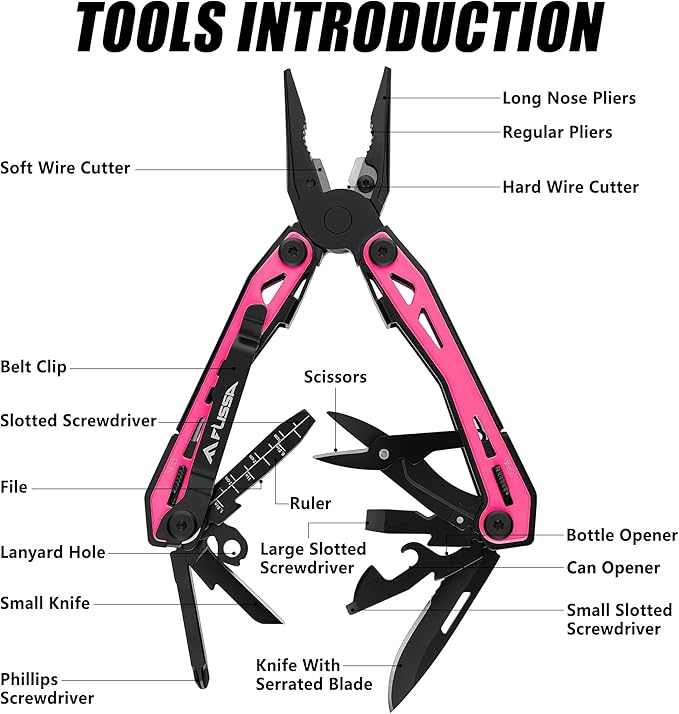 FLISSA 16-in-1 Pink Multi Tool Pliers, Gift for Father, Stainless Steel EDC Multitool with Pocket Knife, Belt Clip and Oxford Pouch, for Camping Survival Outdoor Activities
