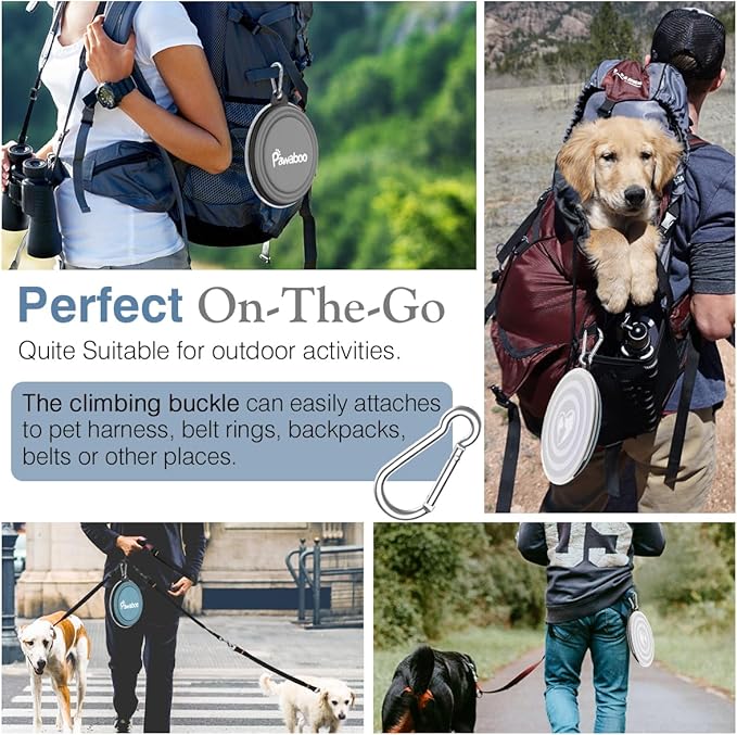 Pawaboo Collapsible Dog Bowls 2 Pack, Silicone Feeding Watering Bowls with Lids & Carabiners for Dogs Cats, Portable Water Feeder Food Bowl for Walking Traveling Home Use, Blue + Grey