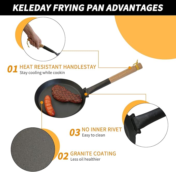 8.2 Inch Non Stick Frying Pan, Pre-Seasoned Carbon Steel Grill Pan with Folding Handle, Camping Indoor & Outdoor Cooking, Easy to Clean, Suitable for All Kinds of Stoves