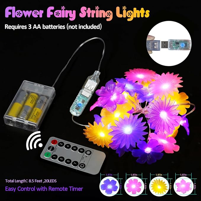 Flower Lights Cute Fairy String Lights Floral Room Decor Night Lights USB Plug in or Battery Power String Lights Indoor Remote Control 8.5ft 20LED