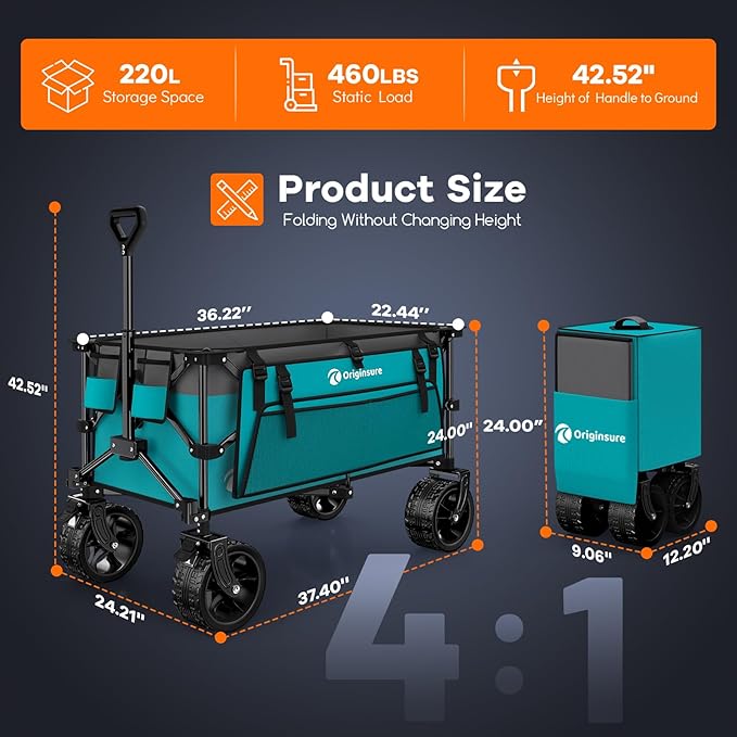 220L Collapsible Wagon Cart Foldable, 460LB Load Capacity Heavy Duty Folding Beach Wagons with Big All-Terrain Wheels, Utility Carts for Groceries, Camping, Sports - Grey&Turquoise