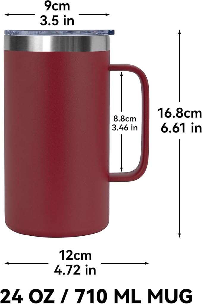 DOMICARE 24oz Mug with Handle and Lid, Stainless Steel Coffee Mug, Travel Mug with Handle, Double Wall Vacuum Coffee Tumbler, Reusable Insulated Cup, Dark Red, Pack 8