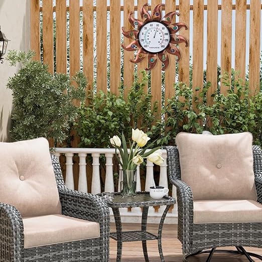 VEWOGITF Sun Outdoor Thermometer, Copper Wall Thermometer No Need Battery, 13.5" Dia Metal Indoor Thermomter with Beads Decor for Patio Home Room