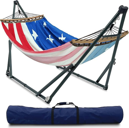 Tranquillo Sturdy Steel Hammock with Stand Premium Cotton Canvas Hammock, 600 lbs Capacity Hammock Stand Folding, Portable 30-Second Fold Unfold, for Camping, American Flag
