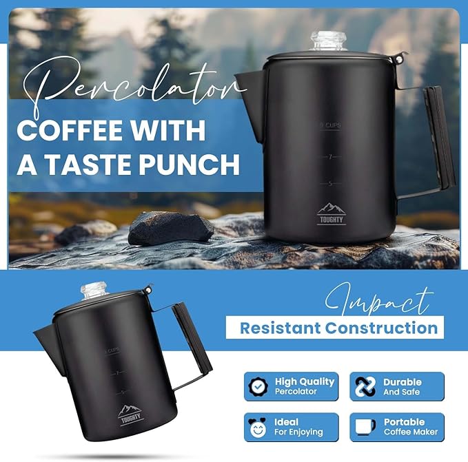 Toughty Yosemite Percolator Coffee Pot – Classic Coffee Percolator Stovetop for Camping & Home – Durable Stainless Steel - Gas, Electric & Induction Stoves – Old-Fashioned Cowboy-Style Pot – 9 Cups