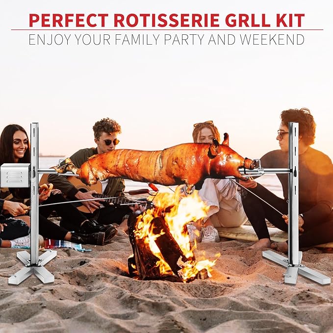 Electric Rotisserie Grill Kit, 90LBS Pig Spit Rotisserie, Stainless Steel Tripod Stand, 52' Pig Lamb Hooded Roaster, Charcoal Spit with 15W Motor & Height Adjustable for Camping