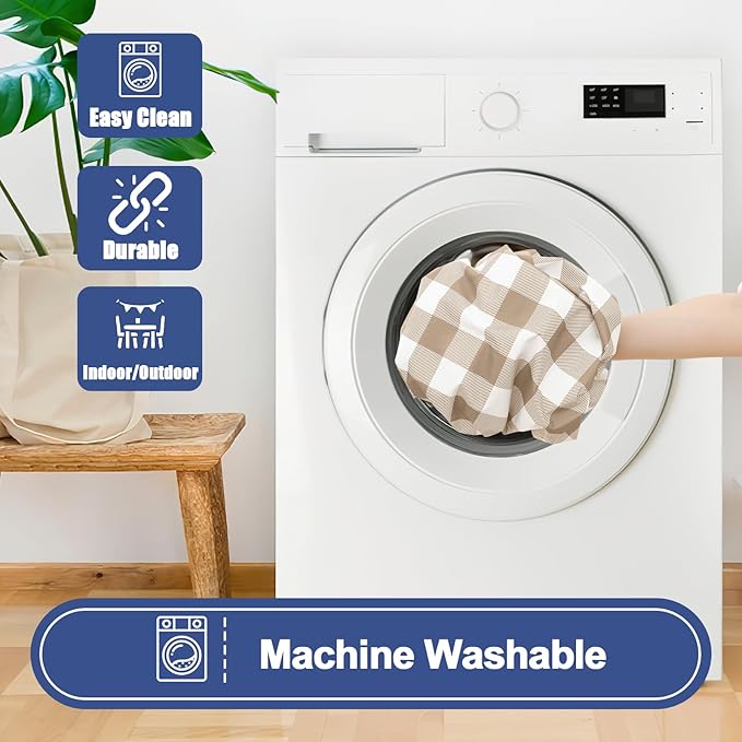 Smiry Picnic Table Cover with Bench Covers, Waterproof Elastic Fitted Tablecloths for 6 Foot Rectangle Tables, Washable Buffalo Plaid Tablecloth for Camping, Outdoor (Khaki & White, 30"x72")