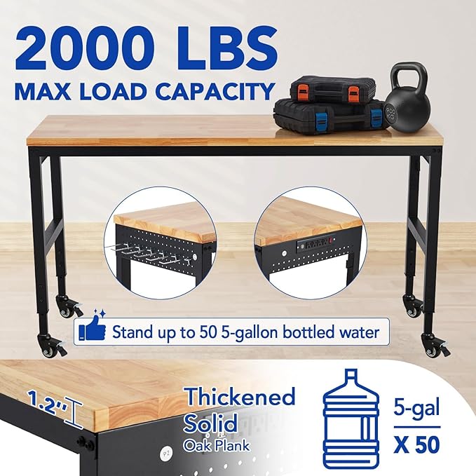 Adjustable Workbench,72" x 25" Heavy-Duty Rubber Wood Shop Table with 28.3-38.1 Inches Height Adjustment,2000 LBS Load Capacity,Garage Workbench with Power Outlets & Lockable Wheels