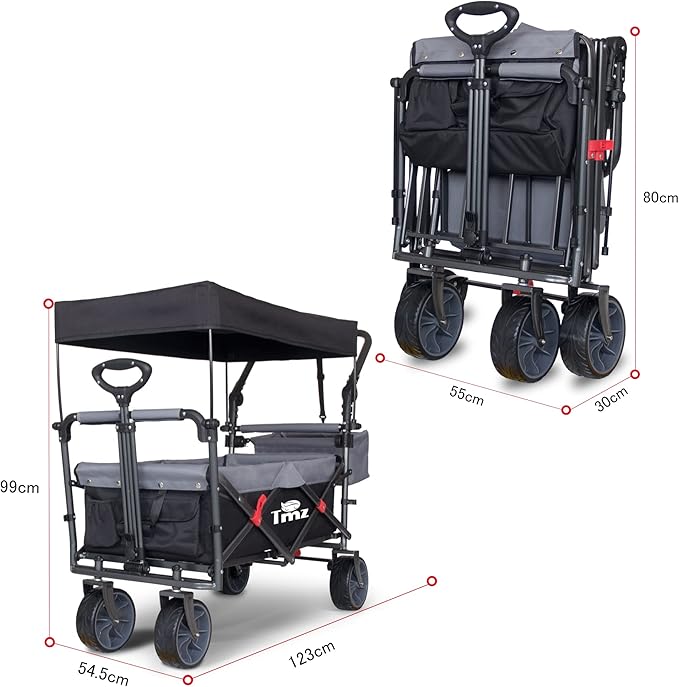 TMZ Collapsible Folding Outdoor Utility Wagon with Removable Canopy - 265lbs Heavy Duty Trolley with Rubber Wheels, Adjustable Handles, Rear Basket, for Shopping, Picnic, Camping (Black/Grey)