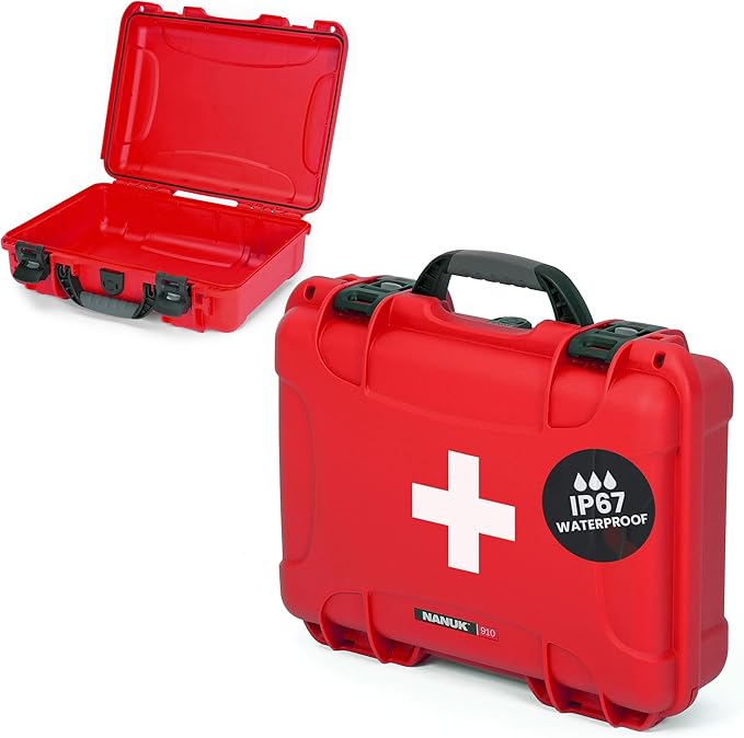 NANUK 910 Waterproof First Aid Box Empty – Durable, Medical First Aid Organizer Case, IP67-Rated, Dustproof, Impact-Resistant, and Floats (7.4" x 4.9" x 3.1") – Red