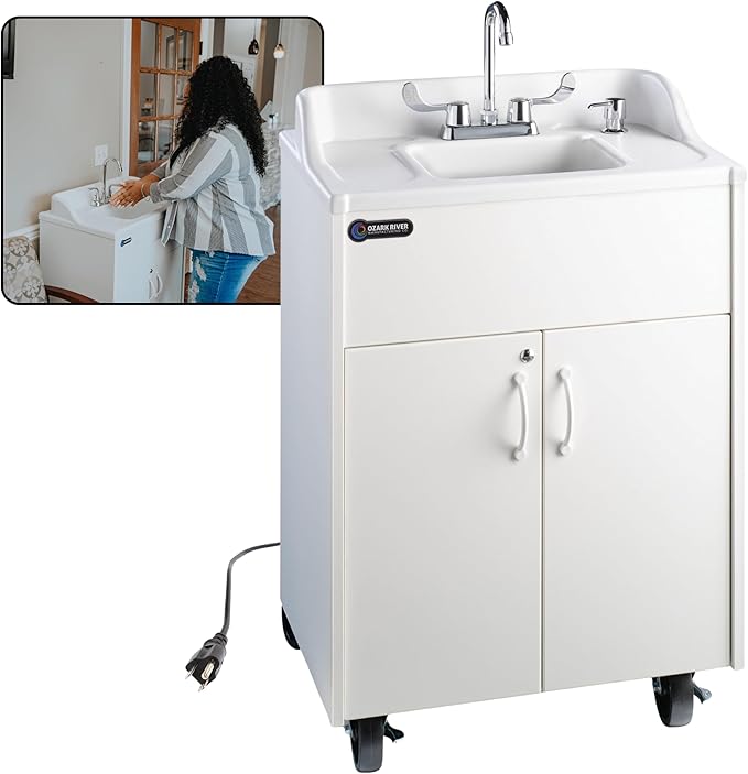 Ozark River Portable Sinks Premier Brite White, White Laminate-ABS Sink, Mobile Self Contained Sink, Mobile Hand Washing Station, Portable Sink with Hot Water, Portable Sink Hand Wash Station, 110V