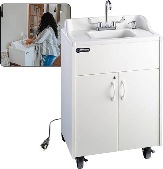 Ozark River Portable Sinks Premier Brite White, White Laminate-ABS Sink, Mobile Self Contained Sink, Mobile Hand Washing Station, Portable Sink with Hot Water, Portable Sink Hand Wash Station, 110V
