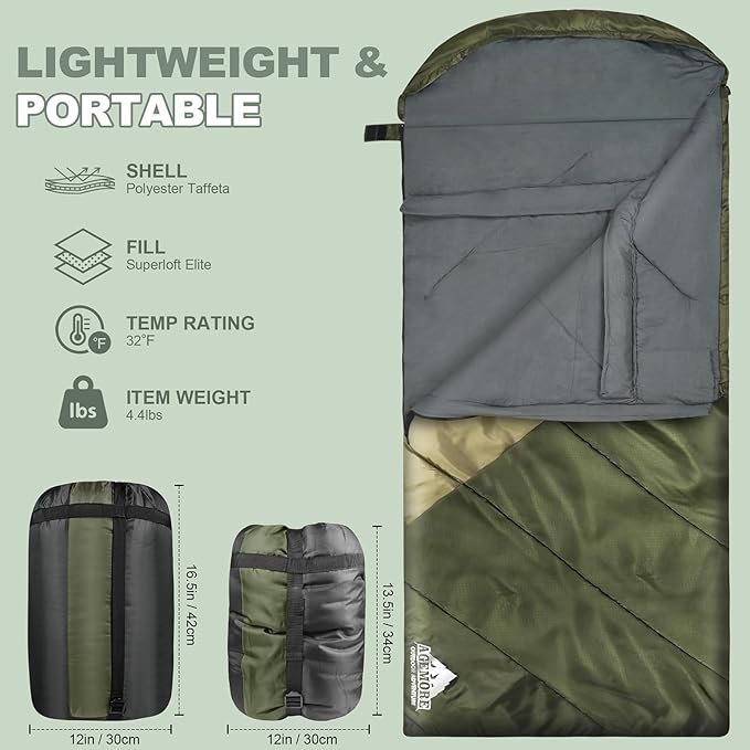 AGEMORE Sleeping Bag for Adults, Single and Double Size, Lightweight Waterproof XXL Sleeping Bag for Adults Kids Couples Camping Hiking Backpacking Or Traveling, Warm & Cold Weather