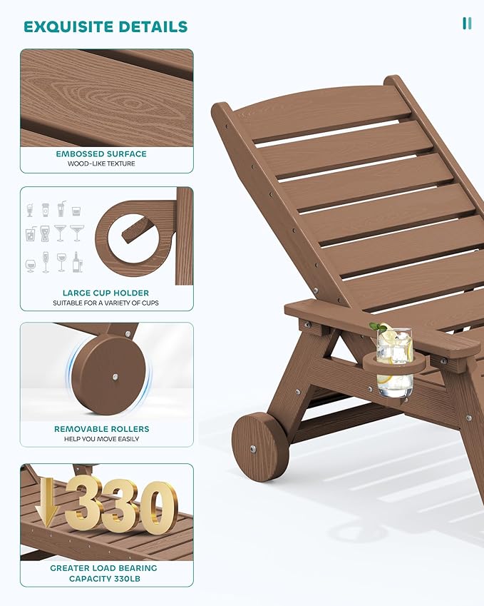 SERWALL Patio Chaise Lounge Chair, 78'' Long HDPE Outdoor Lounge Chair, 5 Positions Adjustable Poly Lounge Chair with Rolling Wheels & Cup Holder for Pool, Brown