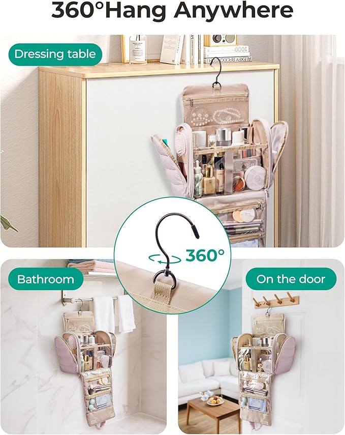 BAGSMART Puffy Travel Makeup Bag, Portable Hanging Toiletry Organizer with Removable Partition, Organizer for Travel-Sized Shampoo, Conditioner, Brushes Set, makeup Accessories, Camel