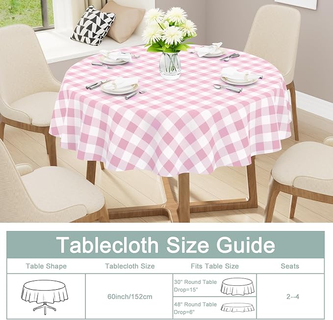 misaya Round Waterproof Vinyl Table Cloth, Buffalo Flannel Backed Tablecloth, Wipeable Plastic Table Cover for Dinner, Kitchen, Picnic (60", Pink and White)