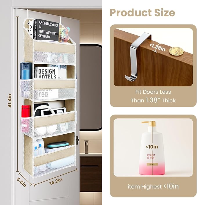 Over The Door Organizer with 4 Side Mesh Pockets, 4 Shelf Capacity Hanging Behind The Door Kitchen Organizers and Storage Suitable for Storing Toys, Shoes, Towels, Lvoy White, 4 Shelf