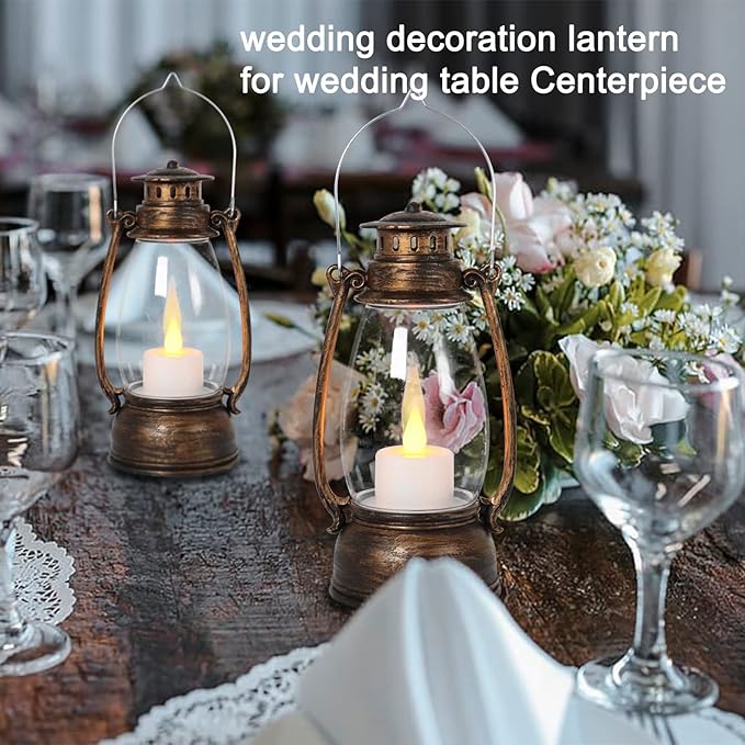 Vintage Lantern Decor, 4-Pack Flickering LED Candle Lantern with Remote Small Sized Lantern Indoor Outdoor Hanging Lanterns for Wedding Centerpiece,Halloween,Christmas,Farmhouse Decorations