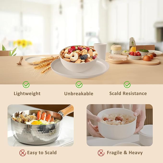 Wheat Straw Dinnerware Sets 24PCS -Set of 8, Reusable Plates and Bowls Set Dishwasher & Microwave Safe Cups Plates and Bowls Sets Shatterproof For Kitchen Outdoor Travel Camping