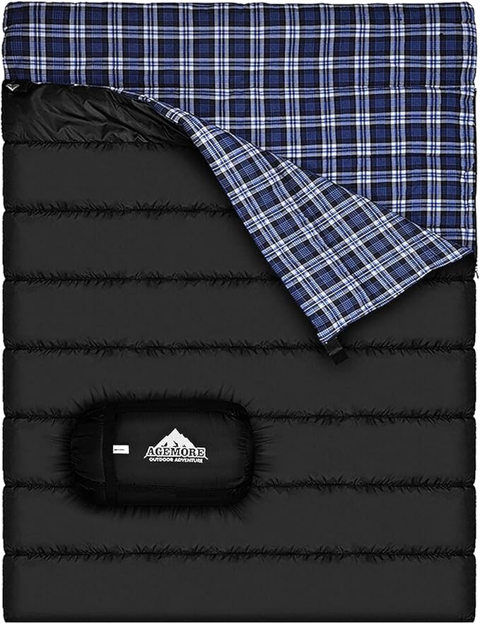 AGEMORE Cotton Flannel Double Sleeping Bag for Camping, Backpacking Or Hiking. Queen Size 2 Person Waterproof Sleeping Bag for Adults Or Teens. Lightweight with Compression Sack