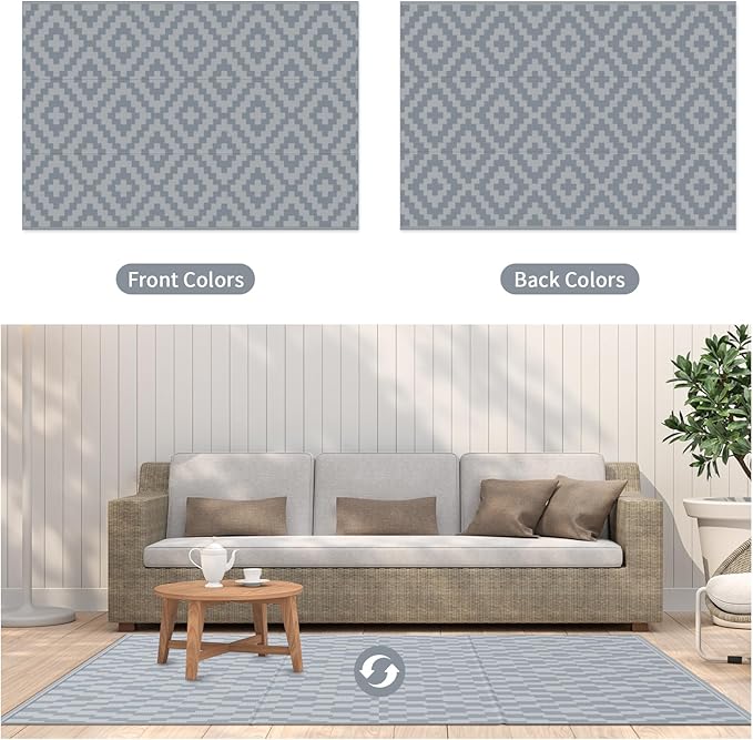 Reversible Rugs Plastic Rug Outdoor Rug Lightweight Outside Mats Modern Outdoor Rug for Patio Portable Mats for RV Backyard Deck Picnic Beach, 6' x 9' Gray