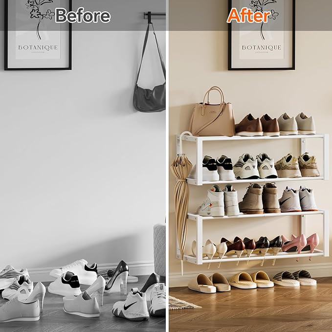 Homeiju Hanging Shoe Organizer,2 Pack Wall Mounted Shoe Rack Holds 12 Pairs,Space Saving Metal Wall Shoe Rack,Hanging Shoe Rack Shoe Holder for Small Space,Entryway,Closet,RV,Camper (White