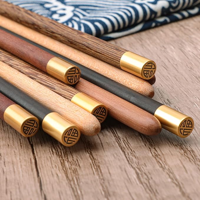5 Pairs Reusable Chopsticks Wooden Splicing Stainless Steel Chop Sticks, Metal Chopsticks Lengthen Japanese Korean Chopstick 9.8 Inch/25cm Gift Set