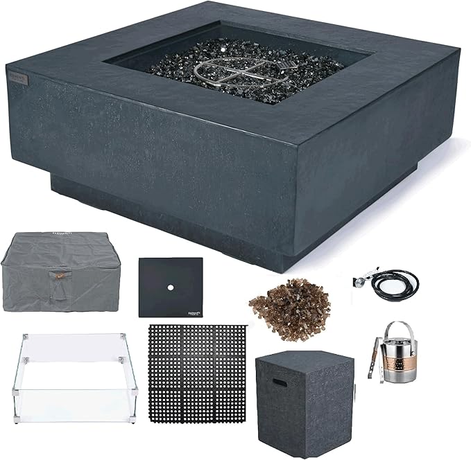 Elementi+ | Bundle Bergen Gas Fire Pit Cast Concrete 40" Square Fire Table, Outdoor Fire Pit Electronic Ignition | Canvas Cover, Fire Glass and Burner Lid Included | Dark Gray | Propane Gas