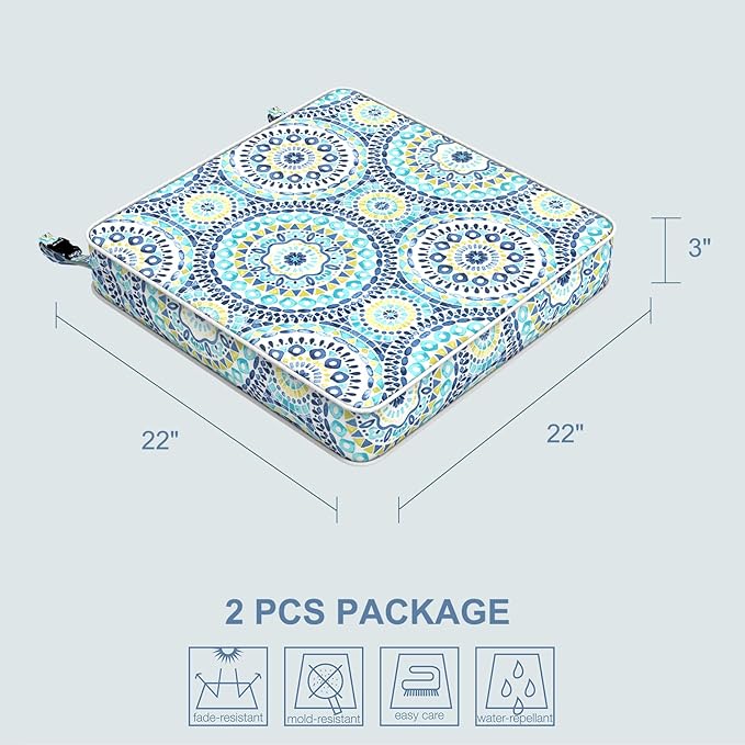 LVTXIII Patio Chair Cushions 22"x22"x3", Water-Repellent Outdoor Seat Cushions for Patio Furniture, Square Chair Pads with Ties for Home Garden Decoration, Set of 2, Delancey Lagoon