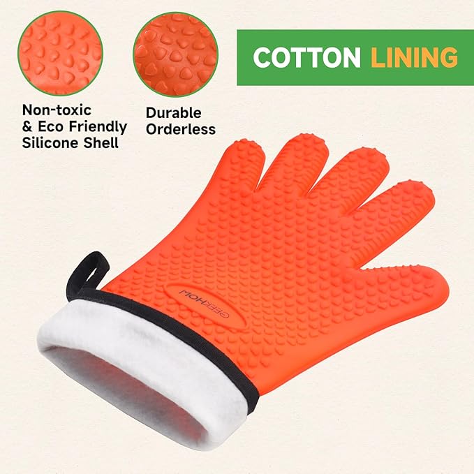 GEEKHOM BBQ Gloves Heat Resistant Oven Mitts - Silicone Grilling Gloves with 14" Long Arm Protection - Waterproof Pot Holder Non-Slip for Men & Women, Kitchen Cooking, Baking, Camping, Orange