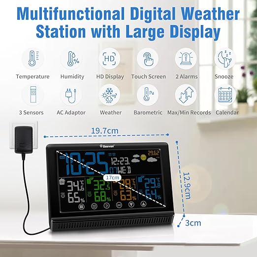 Geevon Weather Stations Wireless Indoor Outdoor, Digital Color Display Thermometer Hygrometer with 3 Sensors, AC Adaptor and Adjustable Backlight, Temperature Humidity Monitor for Home Office Bedroom