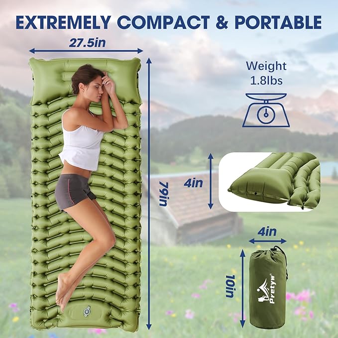 Sleeping Pad for Camping - Ultralight Camping Mattress with Pillow, Built-in Foot Pump, Compact Inflatable Portable Mat for Backpacking, Hiking, Car Traveling, Beach, Tent