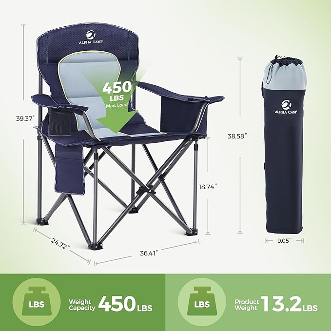 LET'S CAMP Oversized Folding Camping Chair Portable Outdoor Heavy Duty Padded Chairs Lawn Chair with Cup Holder, Storage Pocket and Cooler Bag, Supports 450LBS, for Camp, Travel, Picnic (Blue)